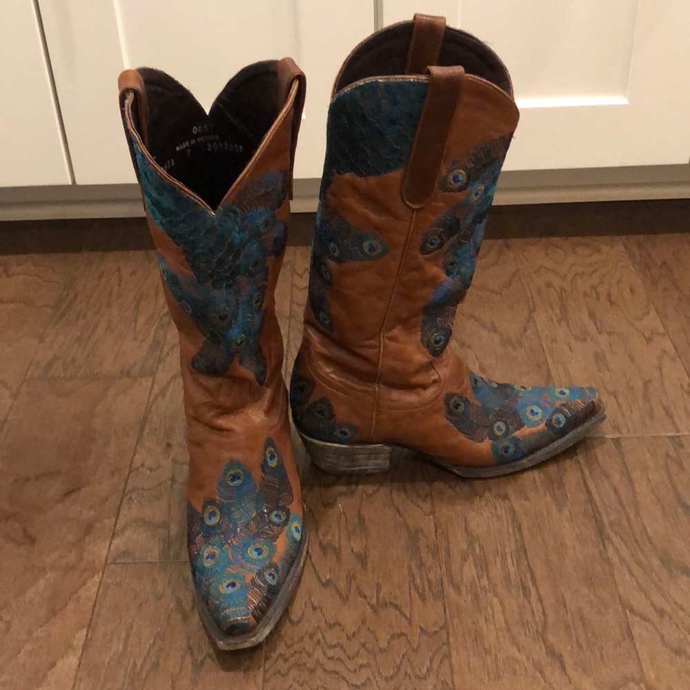 Lane Boots- Peacock Feathers and Light Brown Leather